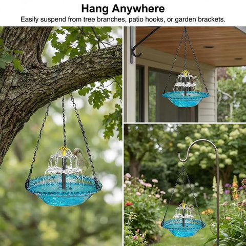 Sun Powered Hanging Bird Bath Fountain with Glass Bowl Cascade Solar Pump No Wiring Outdoor Water Feature for Garden Patio