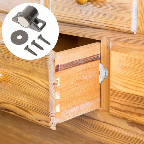 Magnetic Cabinet Door Catches 4 Pack Heavy Duty Drawer Push Latches installed on wooden drawer