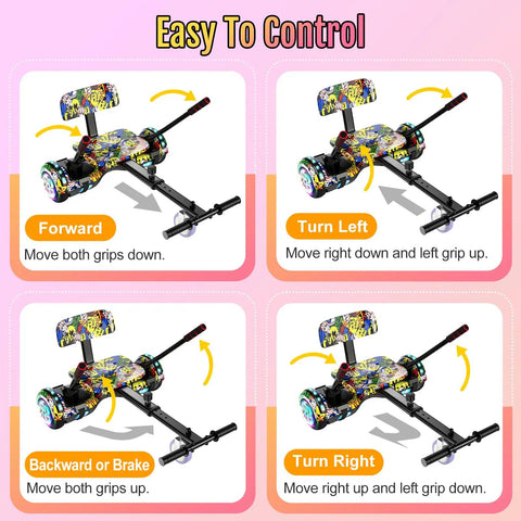 Self Balancing Scooter Seat Attachment With Go Kart For Kids Teens And Adults LED Lights Bluetooth showing control directions
