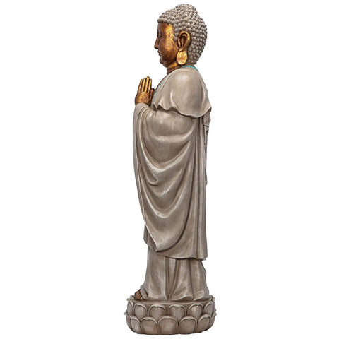 Side view of Asian Bodh Gaya Buddha Garden Statue, 30 Inch Tall Cast Stone Resin Sculpture With Faux Stone And Metallic Finish, 9 Inch Wide