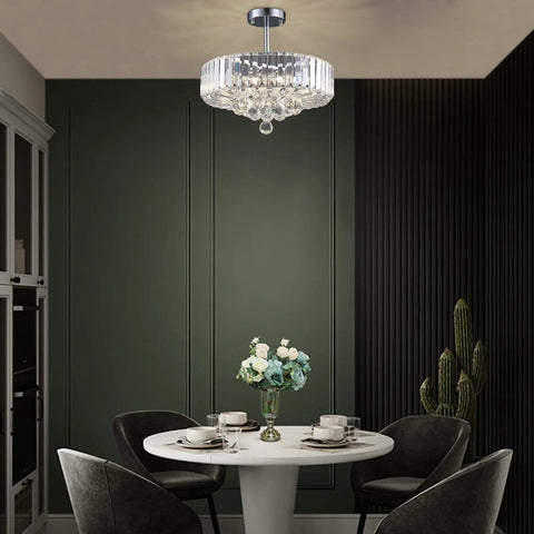 Raindrop Crystal Chandelier With Five Lights, Round Pendant Ceiling Light in dining room with K9 crystal and chrome finish