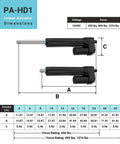 PA-HD1 24V high-load linear actuator with 6 in stroke and 450 lb force; black housing, silver shaft, dimension diagram.