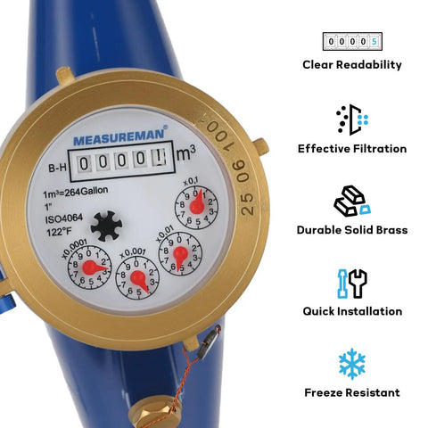Close-up of 1 Inch Durable Multi Jet Water Meter With Lead Free Brass, ISO 4064 Certified, displaying dials and clear readability features.