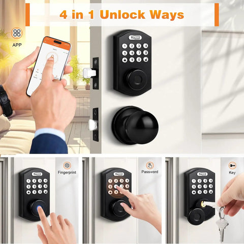 Smart Fingerprint Door Lock With Knob Set For Front Door No Fuss 4 In 1 Keyless Entry Deadbolt Fingerprint Passcode App Control Auto Lock
