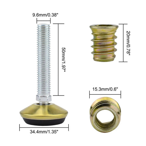 No Sweat Swivel Furniture Leg Levelers Built For Adjustable Glide Tips Heavy Duty Stainless Steel T Nut Foot Cups, 50mm length.