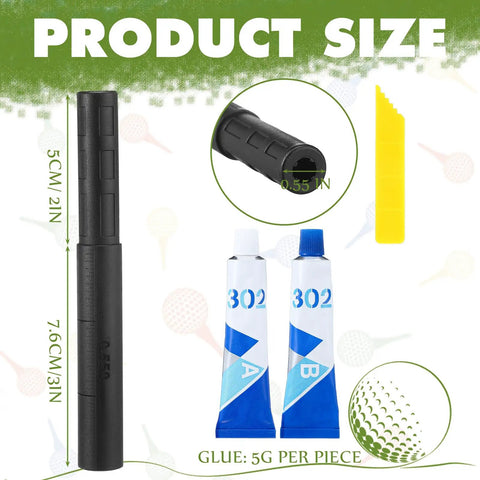Carbon Fiber Golf Club Extension Rods Kit with adhesive, 0.55 inch size, spiral design, product size dimensions.