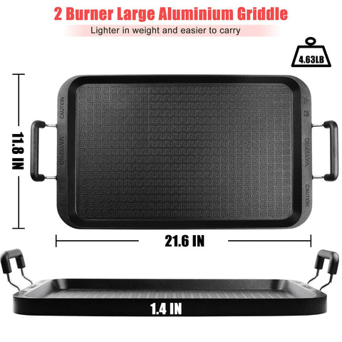Stove Top Griddle 22 Inch Two Burner Large Grill Pan Nonstick Aluminum With Handles For Indoor Outdoor Cooking And Camping Will Not Warp For Even Heating, showing dimensions and texture.