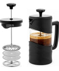 French Press Coffee Maker 20 Oz On The Go with heat resistant borosilicate glass and stainless steel 4 level filtration system