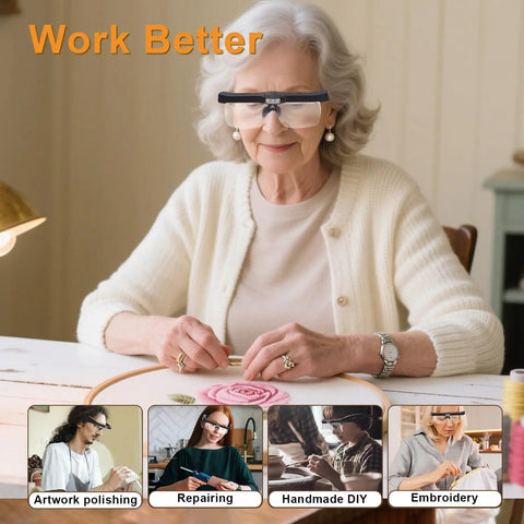 Elderly woman using Rechargeable Hands Free Magnifier Headset With Five Detachable Lenses From 0.75X To 4.0X for embroidery work