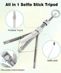 68 Inch Magnetic Selfie Stick Tripod With Aluminum MagSafe Holder shown with foldable tripod and unlock button details
