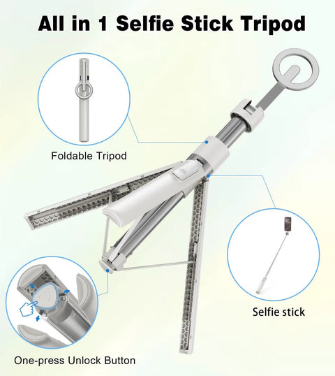 68 Inch Magnetic Selfie Stick Tripod With Aluminum MagSafe Holder shown with foldable tripod and unlock button details