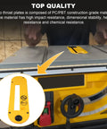 Close-up of Heavy Duty Universal Dado Throat Plate For 10 Inch Contractor Table Saws on a table saw, showcasing its yellow polymer material.
