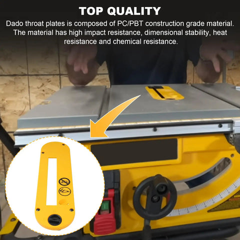 Close-up of Heavy Duty Universal Dado Throat Plate For 10 Inch Contractor Table Saws on a table saw, showcasing its yellow polymer material.