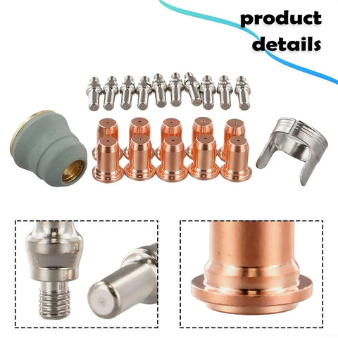 Ultimate 22 Piece Plasma Cutting Consumables Kit For IPT-60 PT-60 And IPT-40 Torch Heads with nozzles, electrodes, and holder cap.
