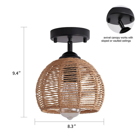 Rustic Hemp Rope Flush Mount Light Fixture Basket For Hallways And Kitchens Semi Flush Ceiling Light With Black Finish Farmhouse Vibe