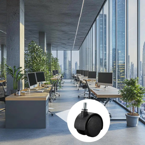 Slick Swivel Nylon Caster Wheels With Twin Rollers And Threaded Stem For Furniture Trolleys Cabinets Lockers Smooth Glide Black M8x15mm close-up in modern office.