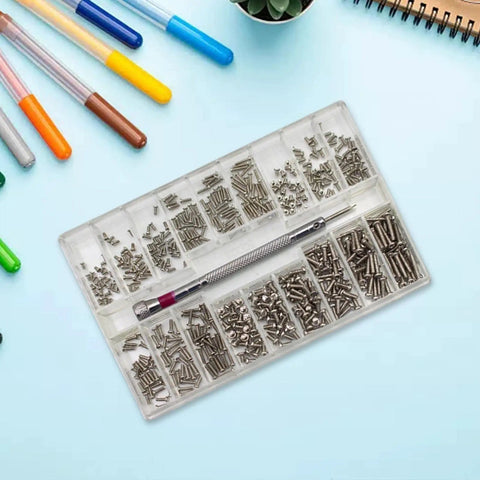 Rock Solid Stainless Steel Mini Screw Assortment Kit With Divided Storage Case For Precision Watch Clock And Electronics Repair No Sweat Organization. Assortment kit displayed with organized stainless screws and precision screwdriver.