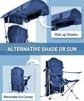 Beach Chair With Canopy Shade Foldable Camping Chair With Cup Holder And Side Pocket For Beach And Camp Tailgating And Fishing Full Sun Protection Portable Durable Steel Frame Supports Up To 330 Lbs showing retractable canopy and roll-up shades.