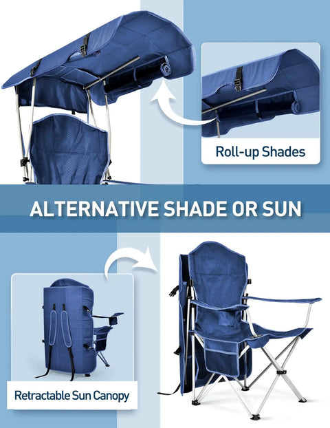 Beach Chair With Canopy Shade Foldable Camping Chair With Cup Holder And Side Pocket For Beach And Camp Tailgating And Fishing Full Sun Protection Portable Durable Steel Frame Supports Up To 330 Lbs showing retractable canopy and roll-up shades.