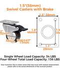 1.5-inch Dead Silent TPR Rubber Swivel Casters with Parking Brake Lock, ideal for furniture movement.