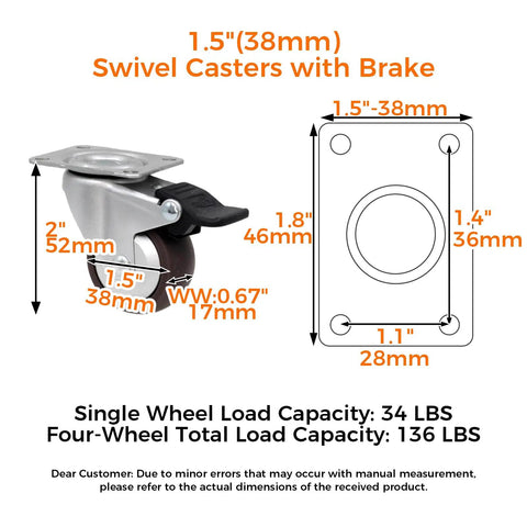1.5-inch Dead Silent TPR Rubber Swivel Casters with Parking Brake Lock, ideal for furniture movement.