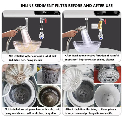 Before and after effects of Upgraded Reusable Brass Water Filter For Home, RV, Camping And Washing Machines, 40 Micron Sediment Filter