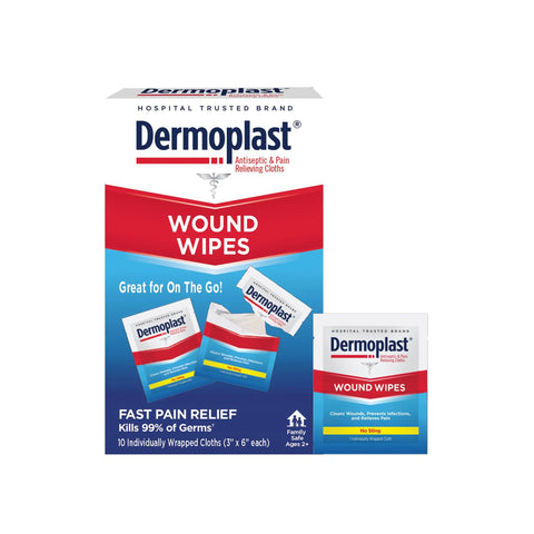 Dermoplast Wound Wipes front view: box with 10 individually wrapped cloths