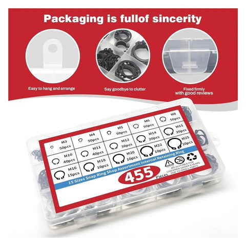 Check out this massive 455 Piece External Retaining Rings Kit With Shaft Clips E Type Circlips And C Clamps Featuring 15 Tiny Sizes From M3 To 25mm Made From Hardened Zinc Plated Carbon Steel For Serious Heavy Duty Axial Parts Fixing That Lasts in a clear plastic organizer.