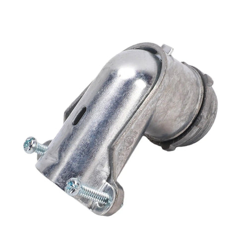 Rock Solid 90 Degree Squeeze Connector For 1 Inch AC MC And Flexible Metal Conduit showing durable zinc alloy material.