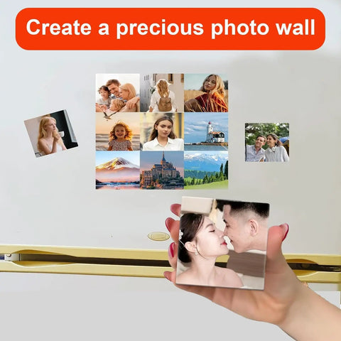 Person holding a magnet from Bulk Square Magnet Maker Kit For DIY Projects 2x2 Inch 50x50mm Cardboard Backing, photo wall in background.