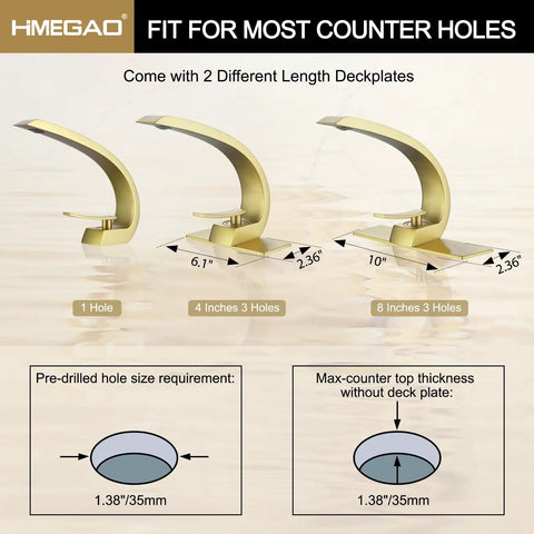 Diagram of Brushed Gold Bathroom Faucet With Single Handle Basin Mixer for 1 or 3 Hole Mount with deck plates and dimensions.