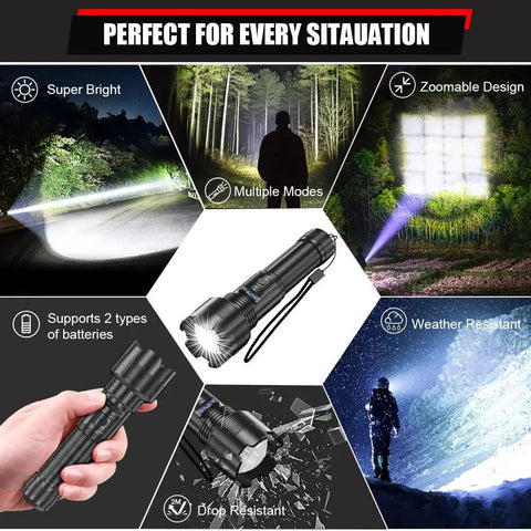 Image of a Rechargeable Tactical Flashlight 10000 Lumens Zoomable LED With Power Display IPX6 Waterproof showcasing its features.