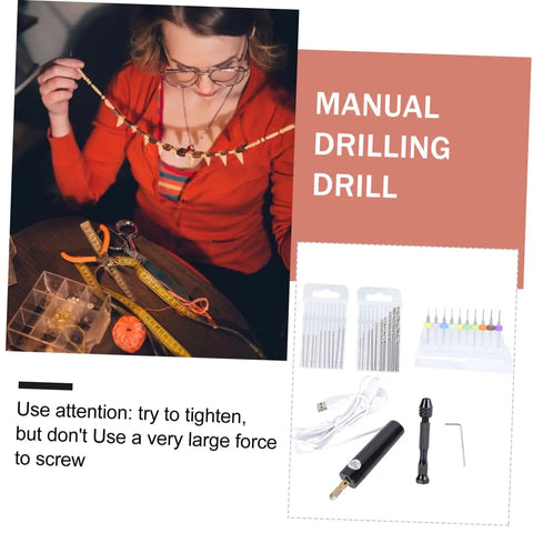 Handmade Mini Twists Drill Kit and Woodworking Drill Set All In One DIY Engraving Tool displayed with kit contents and user tips.