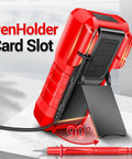 Back view of digital multimeter with red protective case, probe holder, and penholder card slot at a 90-degree angle