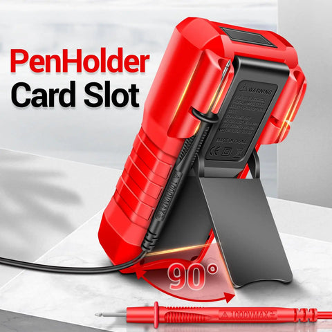 Back view of digital multimeter with red protective case, probe holder, and penholder card slot at a 90-degree angle