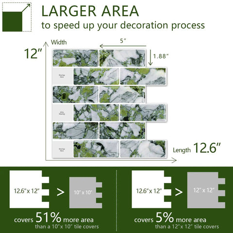 Diagram showing Peel And Stick Subway Tile Backsplash Kit 12.6x12 ice green marble look, larger area coverage.