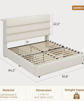 Snag This Super Roomy Queen Size Bed Frame With Plush Beige Velvet Upholstery And Two Easy Glide Storage Drawers Plus Smart Headboard Shelf For Total Bedroom Game Change And Stress Free Living, showing dimensions and design details.