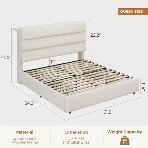 Snag This Super Roomy Queen Size Bed Frame With Plush Beige Velvet Upholstery And Two Easy Glide Storage Drawers Plus Smart Headboard Shelf For Total Bedroom Game Change And Stress Free Living, showing dimensions and design details.