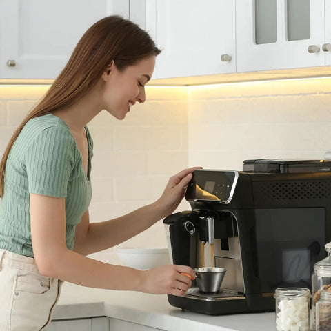 Barista-Grade Stainless Steel Espresso Shot Cup With Handle, V-Shaped Spouts Measuring Cup in use with coffee machine.