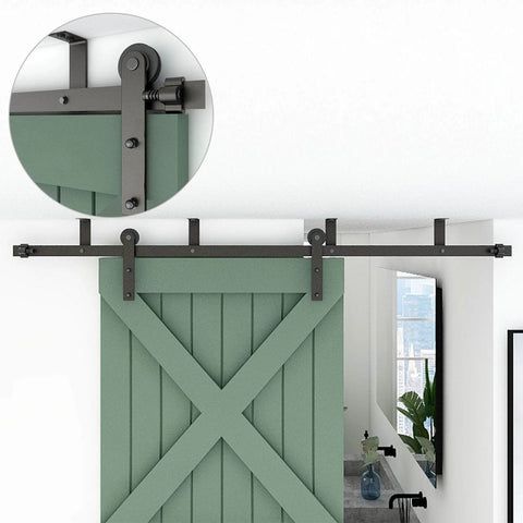 9 Ft Ceiling Mount Sliding Barn Door Hardware Kit For 54 Inch Wide Single Wood Door Built Tough Steel Smooth And Quiet Operation Easy Install 220 Lbs Weight Capacity Includes Rails L Brackets And Rollers mounted on a green door