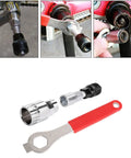 Bike Crank Removal Tool and Bottom Bracket Extractor Set with 16mm Wrench shown disassembled and in use on bike crank.