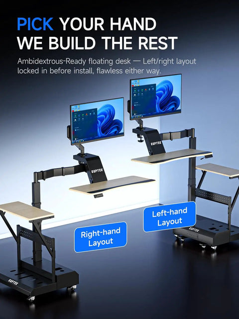 Level Up Your Setup With One Touch Electric Height Adjustable Mobile Gaming Desk featuring floating shelf for left/right-hand layouts.