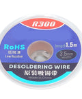 Top view of blue desoldering wire spool labeled for length and width, compatible with copper desoldering wick half meter for electronics.