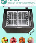 Hella Spacious 7.0 Cu.Ft Chest Freezer In Bold Black showcasing two removable baskets and clear dimensions for storage.