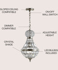12 Inch Antique Brass And Clear Regina Empire LED Pendant Light With Crystal Shade Dope Adjustable Hanging Chandelier For Dining Room Kitchen And Foyer LED Bulb Included For Easy Setup showing adjustable height and crystal shade.