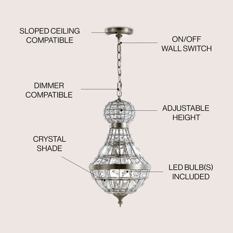 12 Inch Antique Brass And Clear Regina Empire LED Pendant Light With Crystal Shade Dope Adjustable Hanging Chandelier For Dining Room Kitchen And Foyer LED Bulb Included For Easy Setup showing adjustable height and crystal shade.