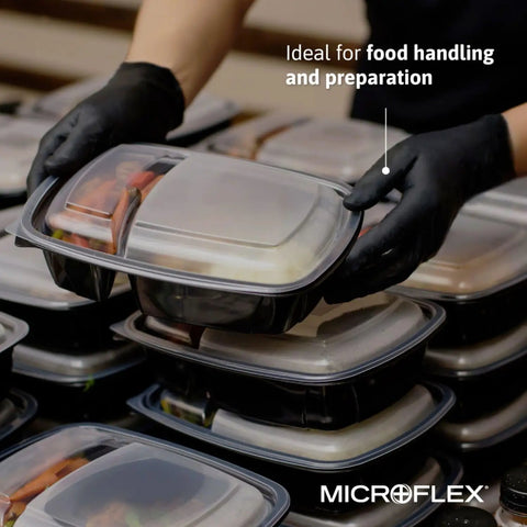 MidKnight Disposable Nitrile Gloves Black Full Textured Grip used for food handling, showing gloves in use with containers