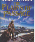 Cover of 'The Plains of Passage' by Jean M. Auel, featuring characters and a landscape with a wolf.