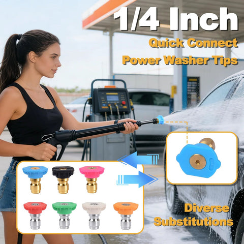 Amazon 7-piece pressure washer nozzle tip set with 1/4 in quick-connect; color-coded tips shown on spray wand
