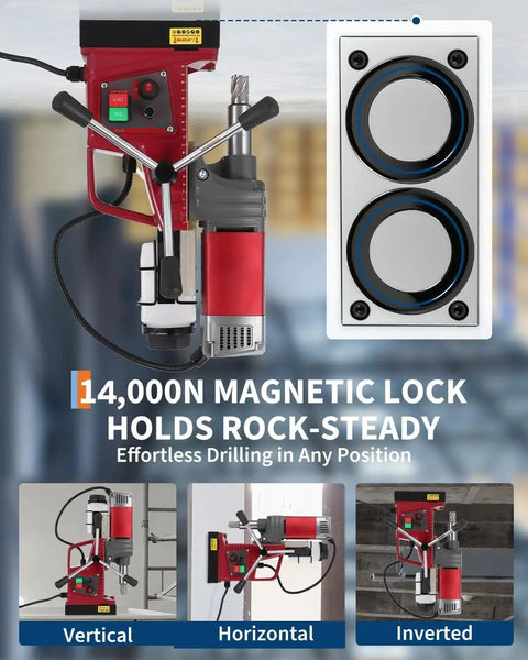 Portable Magnetic Drill Press Kit showing vertical, horizontal, and inverted use with 14000N magnetic lock for metal drilling.